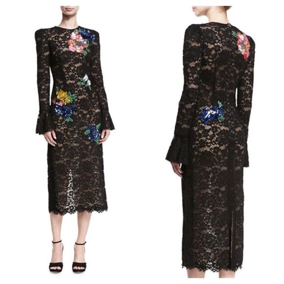 $4,500 Monique Lhuillier Sequin Floral Black Lace Dress - Picture 1 of 9